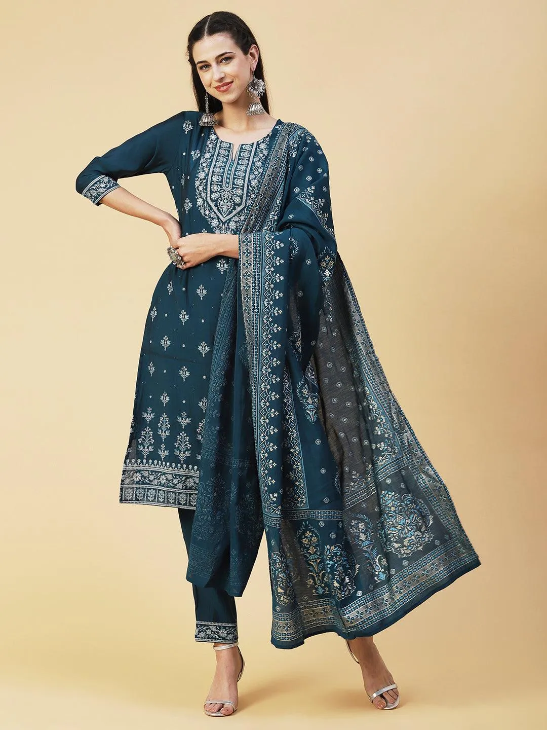 Ethnic Printed Resham Embroidered Kurta With Pants & Printed Dupatta - Teal