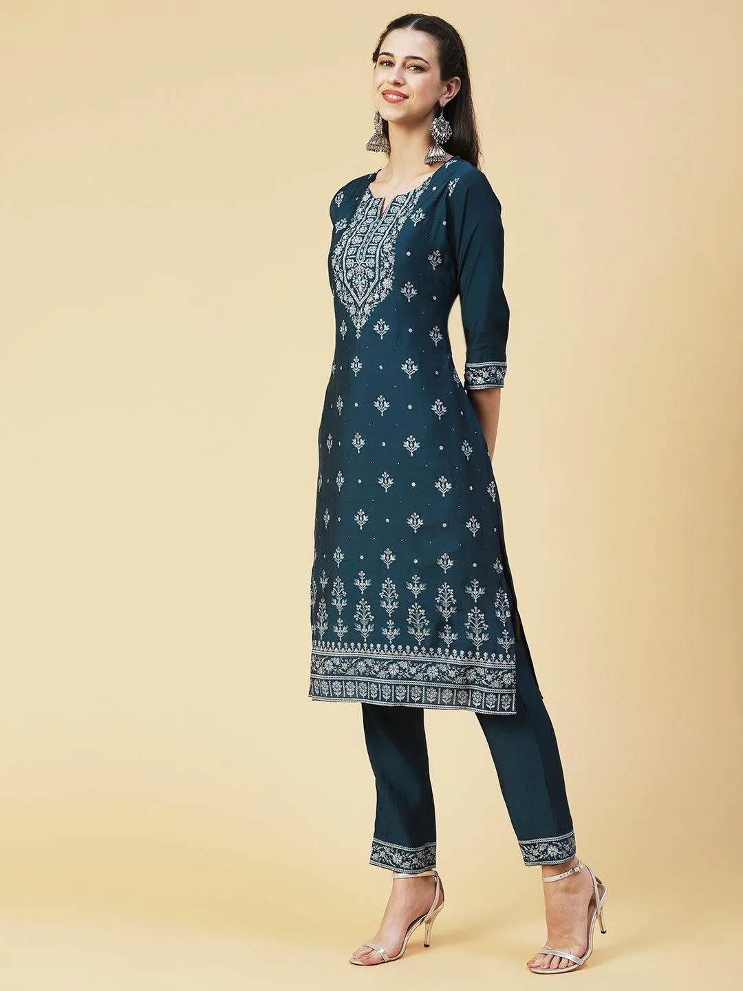 Ethnic Printed Resham Embroidered Kurta With Pants & Printed Dupatta - Teal