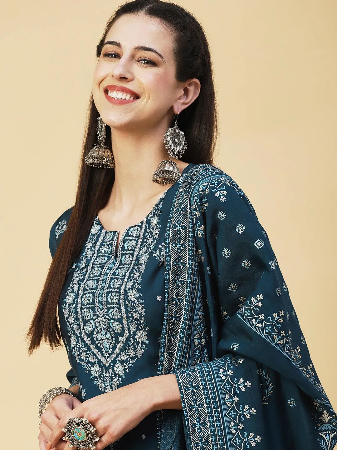 Ethnic Printed Resham Embroidered Kurta With Pants & Printed Dupatta - Teal