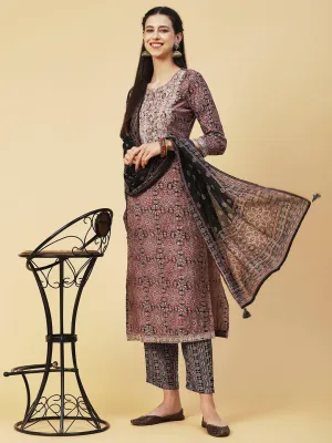 Ethnic Printed Zari Embroidered Kurta With Pants & Printed Dupatta - Maroon