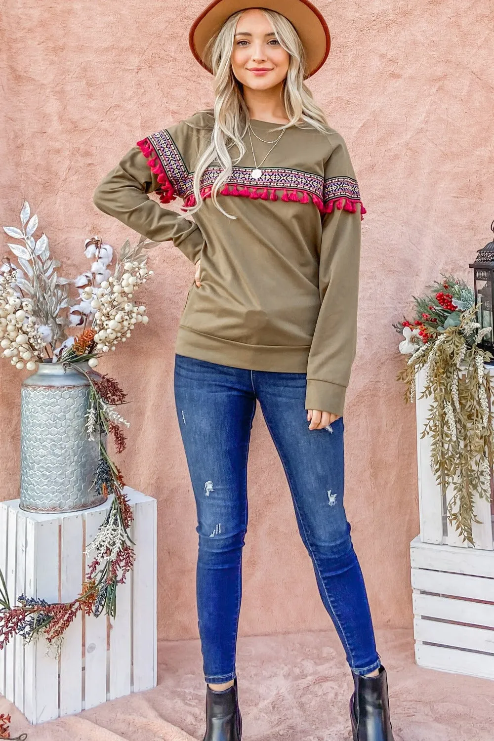 Ethnic Ribbon Tassel Trim Top