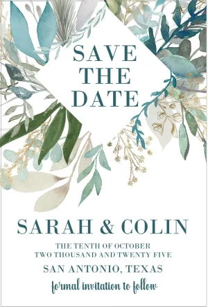 Eucalyptus And Blue Wedding Save The Date Cards