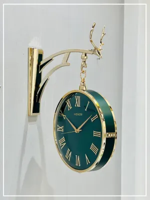 Euroxo Luxury Round Wall Hanging Double Sided 2 Faces Retro Station Wall Clock (Model-1, Green) - Analog, Plastic