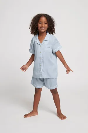 Eva Kids Short Tencel™ Pyjama Set - Eggshell Blue with White Piping