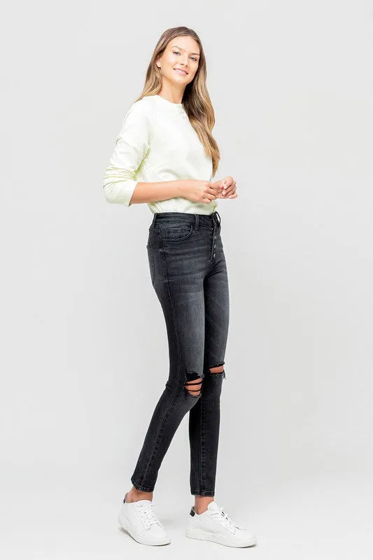 Evangeline High Rise Distressed Button Fly Ankle Skinny