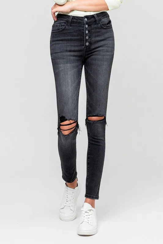 Evangeline High Rise Distressed Button Fly Ankle Skinny