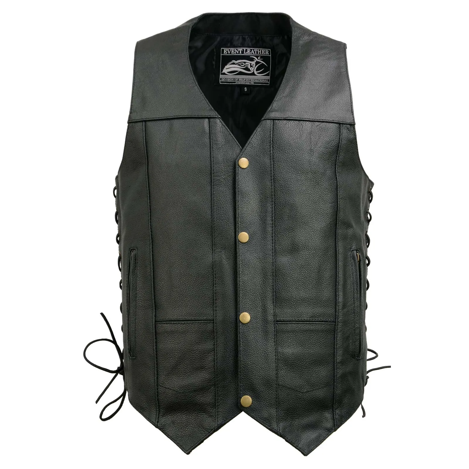 Event Leather EL5391 Black Motorcycle Leather Vest for Men w/ 10 Pockets- Riding Club Adult Motorcycle Vests