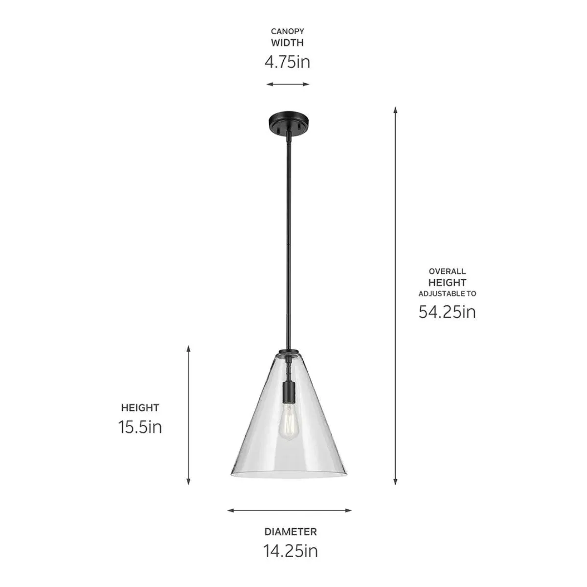 Everly 16" 1-Light Cone Pendant Light with Clear Glass, Black Finish