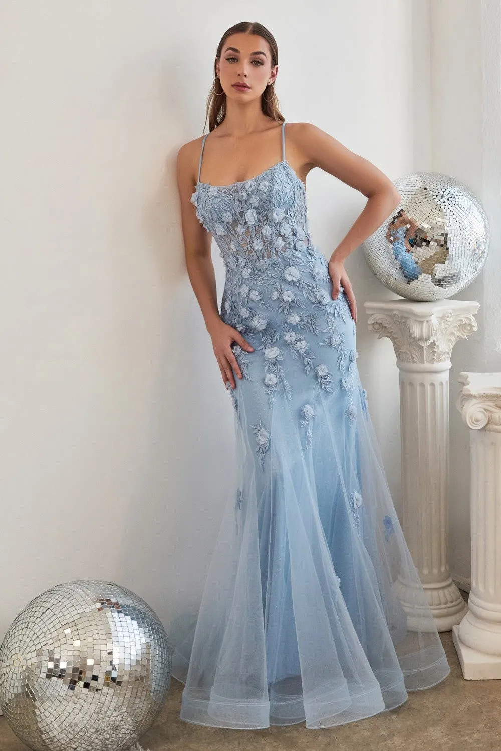 Everly Prom Dress Layered Tulle Floral Lace 740995TNR-Blue Cinderella Divine CD995