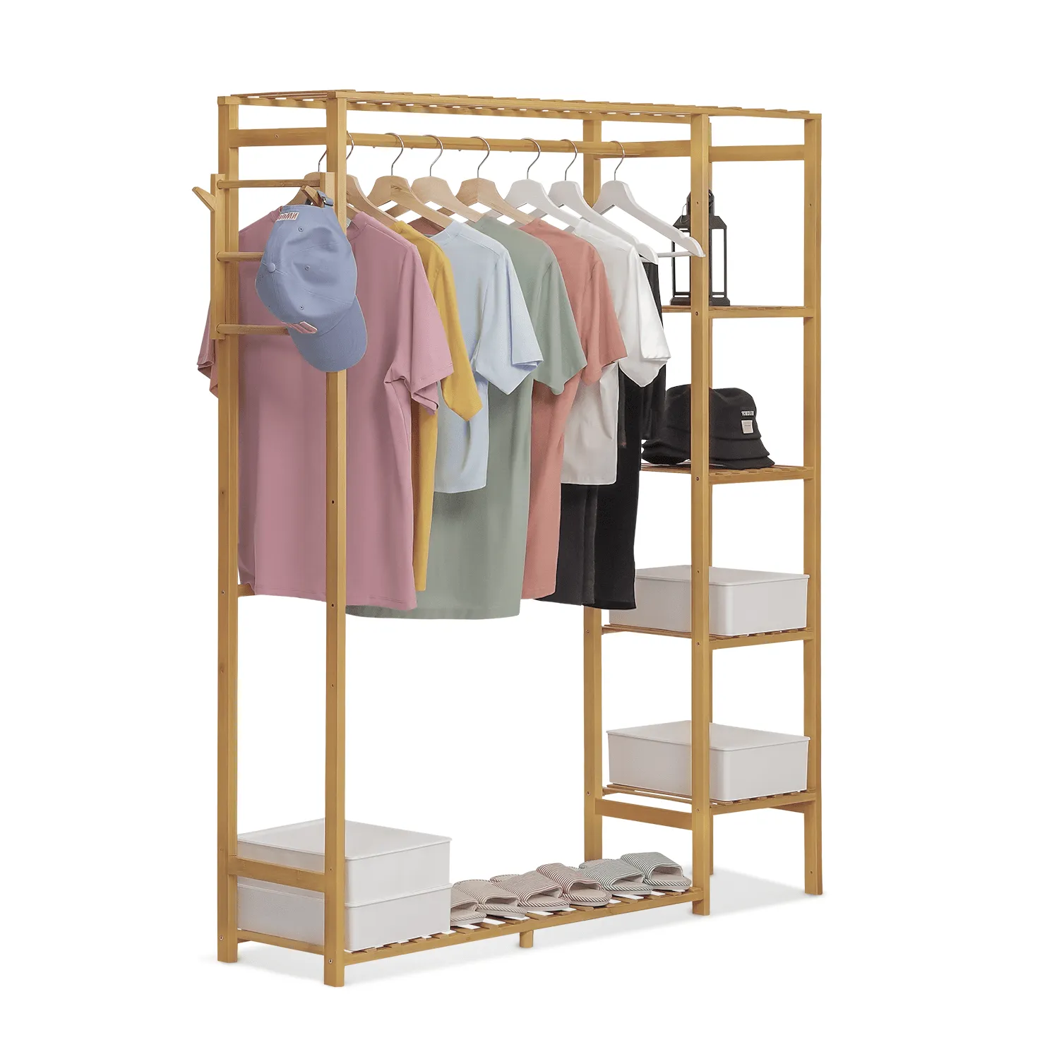 everyday Bamboo 6 Tiers Coat Pants Rack, Modern Closet Storage Wardrobe, Hat Hooks, Brown, for Bedroom