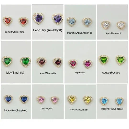 Everyday Dainty Heart Push Back Earrings in Solid Gold 14K For Womens Ladies / Gold Birthstones Earrings / Aretes de Corazón con Piedra de Nacimiento en Oro Solido Real