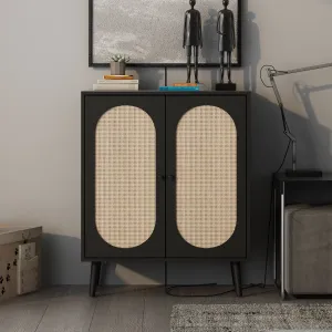 everyday Farmhouse MDF Accent Cabinete with Plastic Rattan Door, Black, 31.5"L*15.7"W*30.3"H