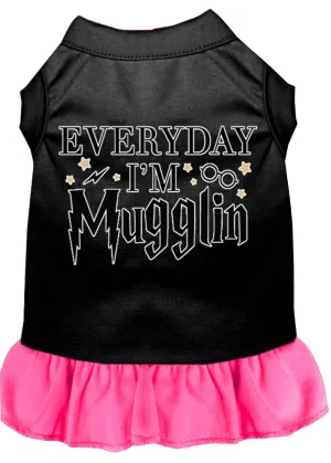 Everyday I'm Mugglin Screen Print Dog Dress Black With Bright Pink Xl (16)