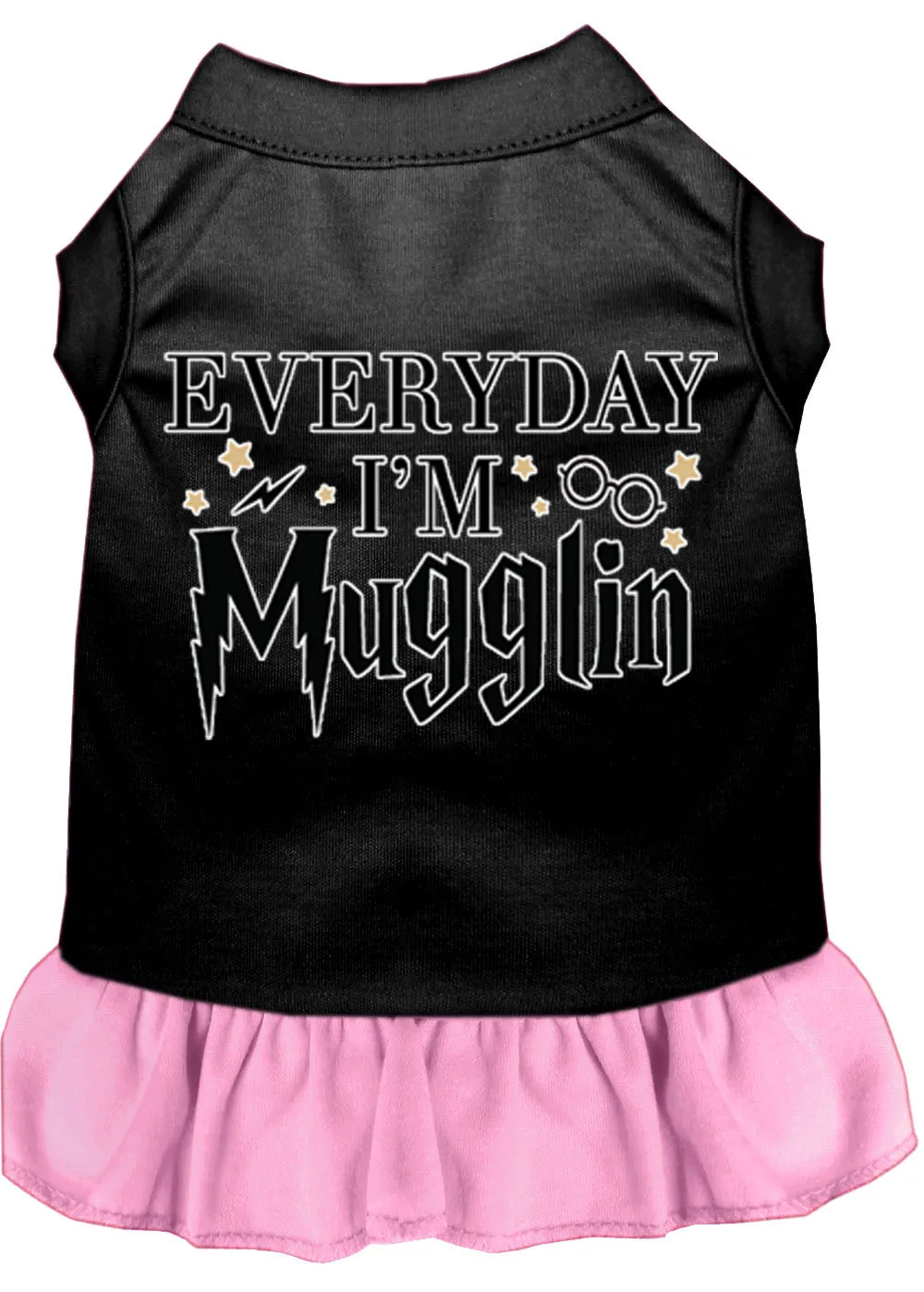 Everyday I'm Mugglin Screen Print Dog Dress Black With Light Pink Lg (14)