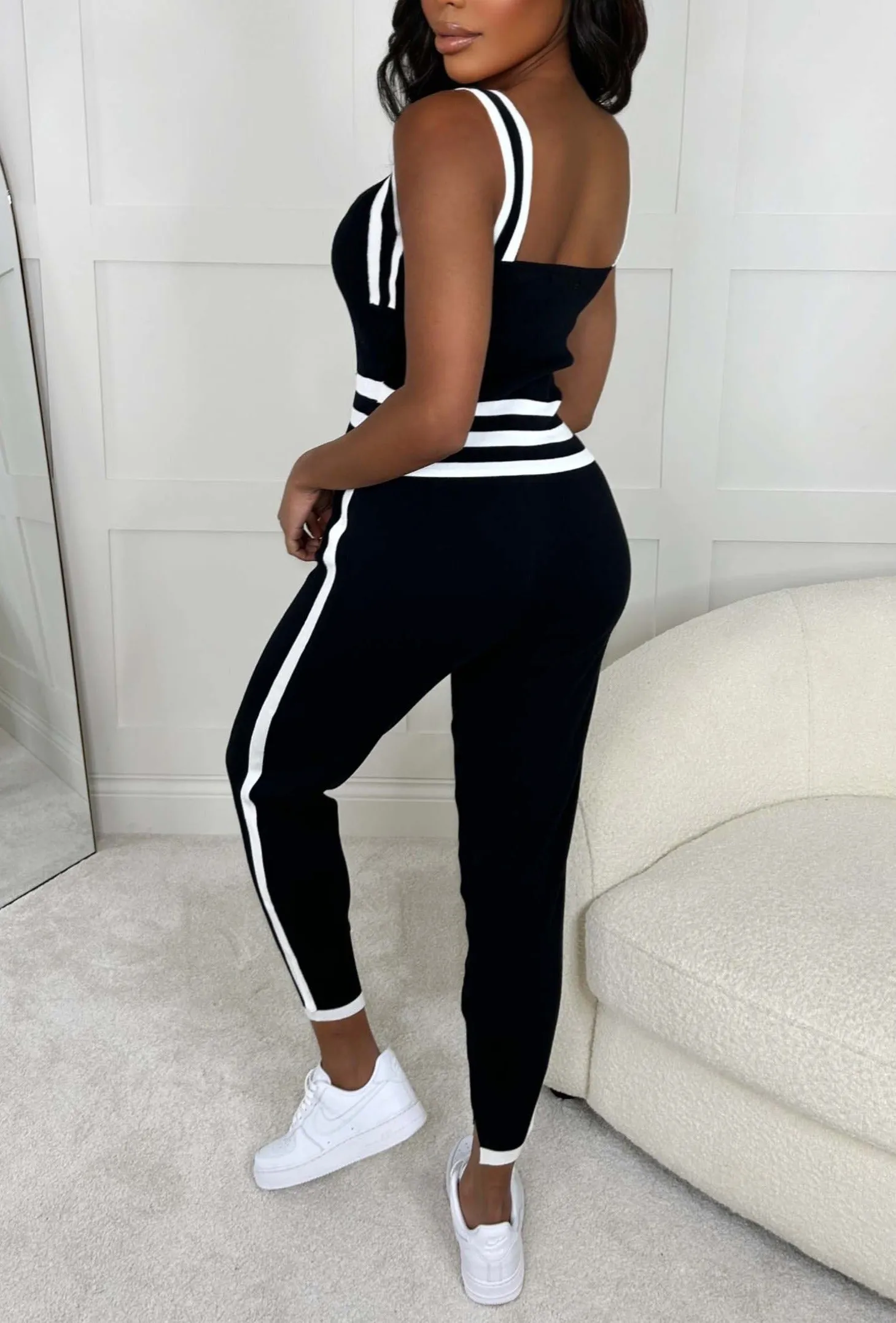 Everyone Around Me Black Side Striped Knitted Loungewear Set