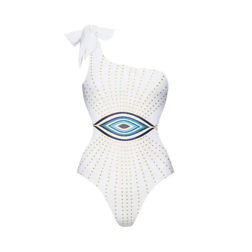 Evil Eye One Shoulder Monokini Swimwear with Flared Skirt By Sinderella