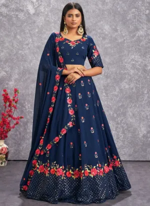 Excellent Thread Embroidered Georgette Navy Blue Lehenga Choli