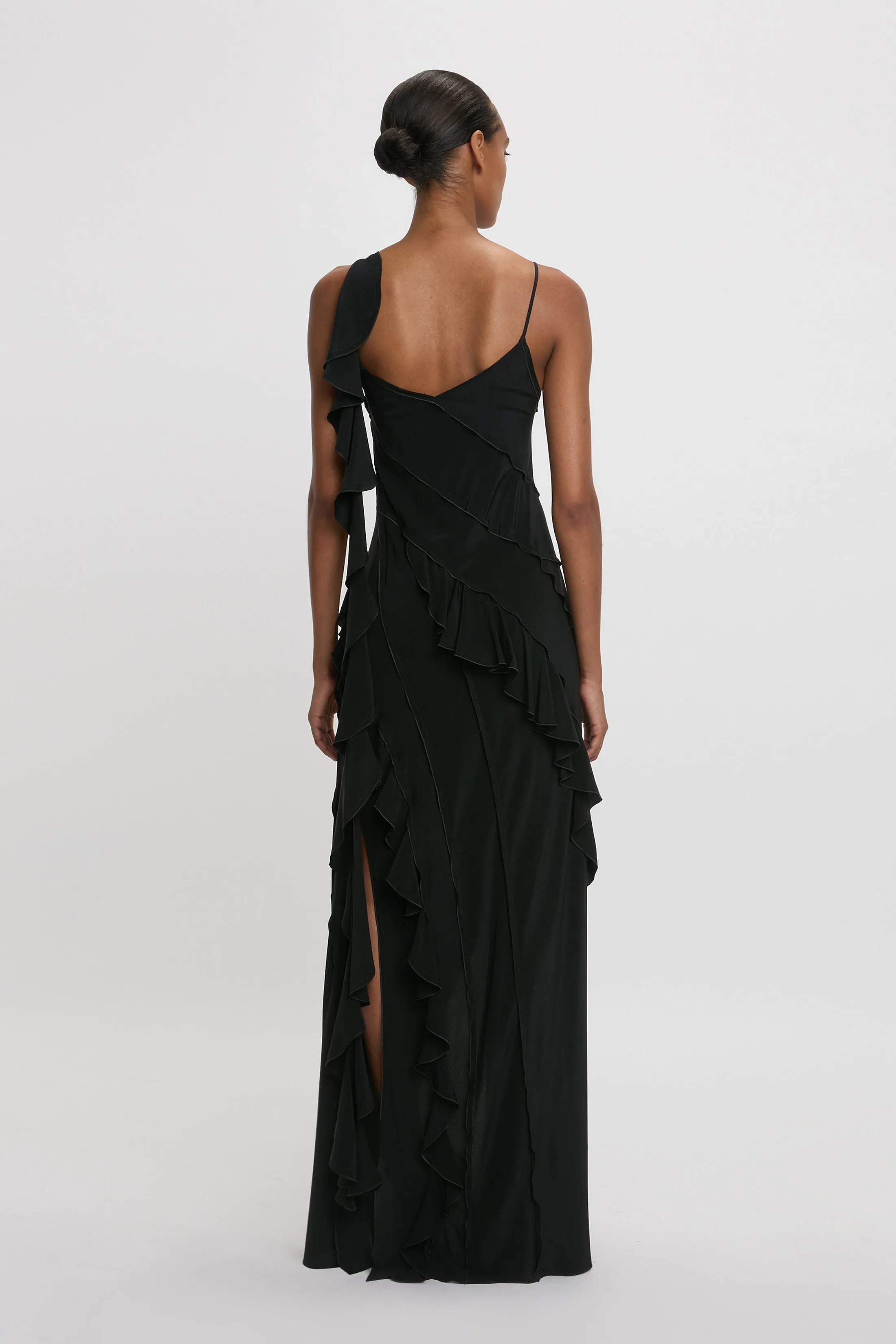 Exclusive Asymmetric Bias Frill Dress In Black