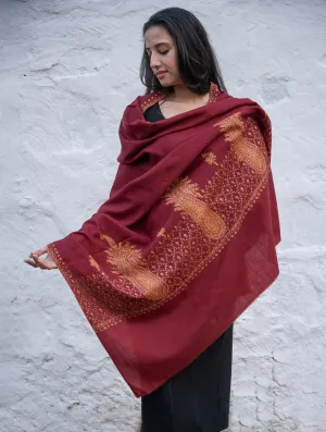 Exclusive, Fine Hand Embroidered Kashmiri Shawl - Dark Red Ornate