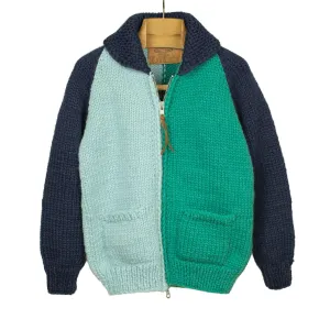 Exclusive hand-knit color-blocked Cowichan cardigan in shades of blue,  6-ply wool