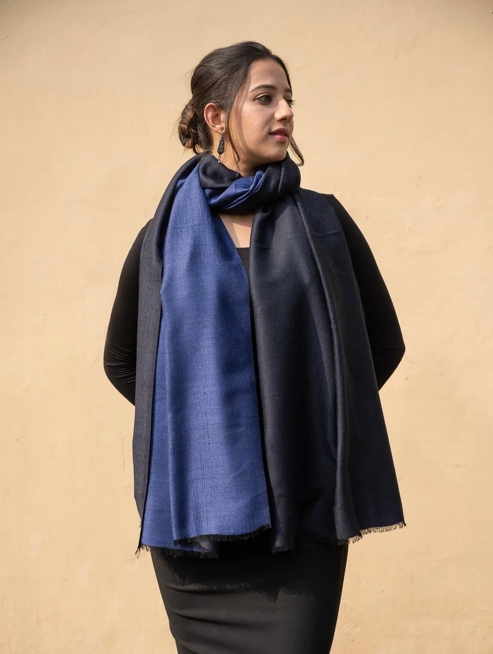 Exclusive Reversible Soft Kashmiri Wool Shawl - Deep Blue & Black