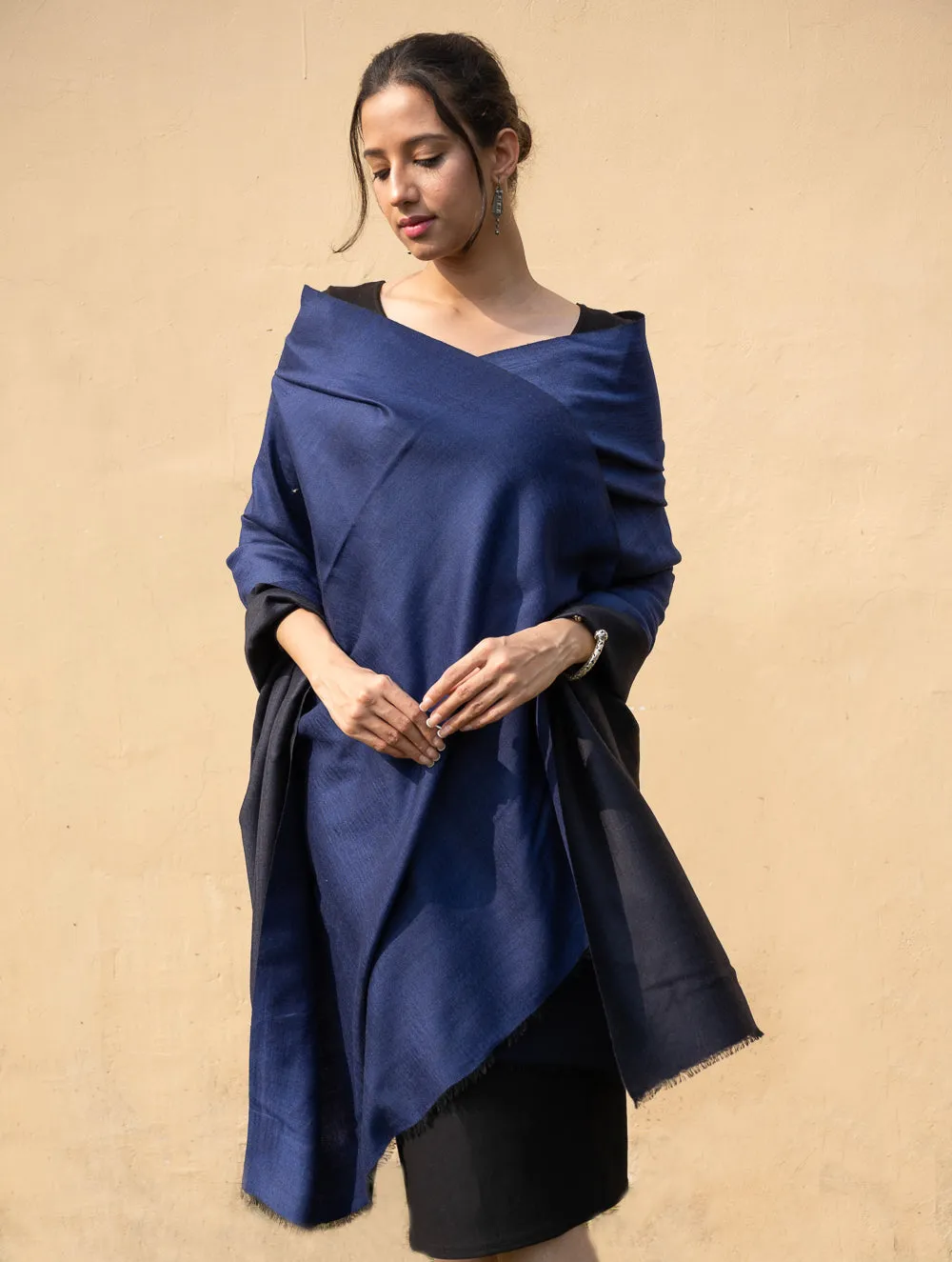 Exclusive Reversible Soft Kashmiri Wool Shawl - Deep Blue & Black