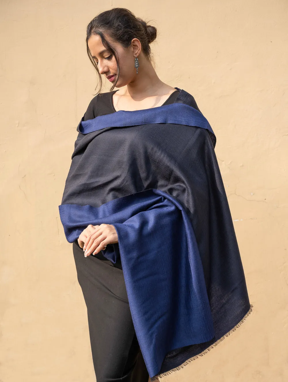 Exclusive Reversible Soft Kashmiri Wool Shawl - Deep Blue & Black