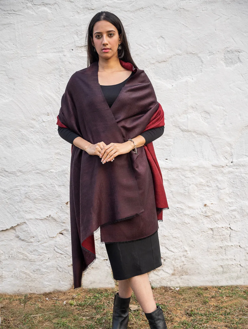 Exclusive Reversible Soft Kashmiri Wool Shawl - Wine Red & Dark Brown