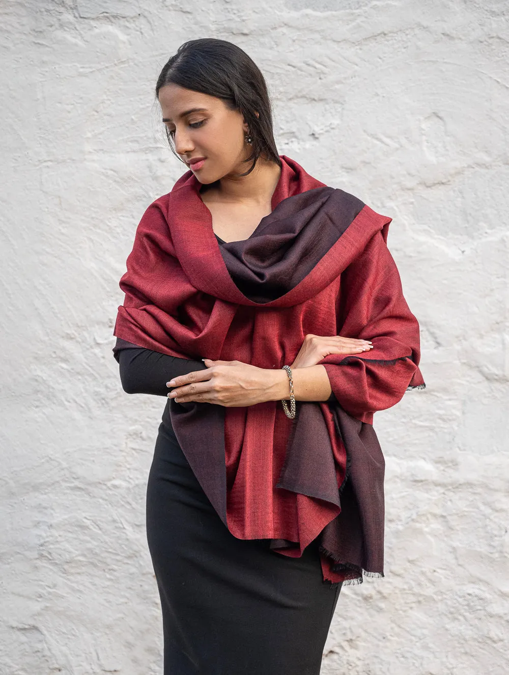 Exclusive Reversible Soft Kashmiri Wool Shawl - Wine Red & Dark Brown