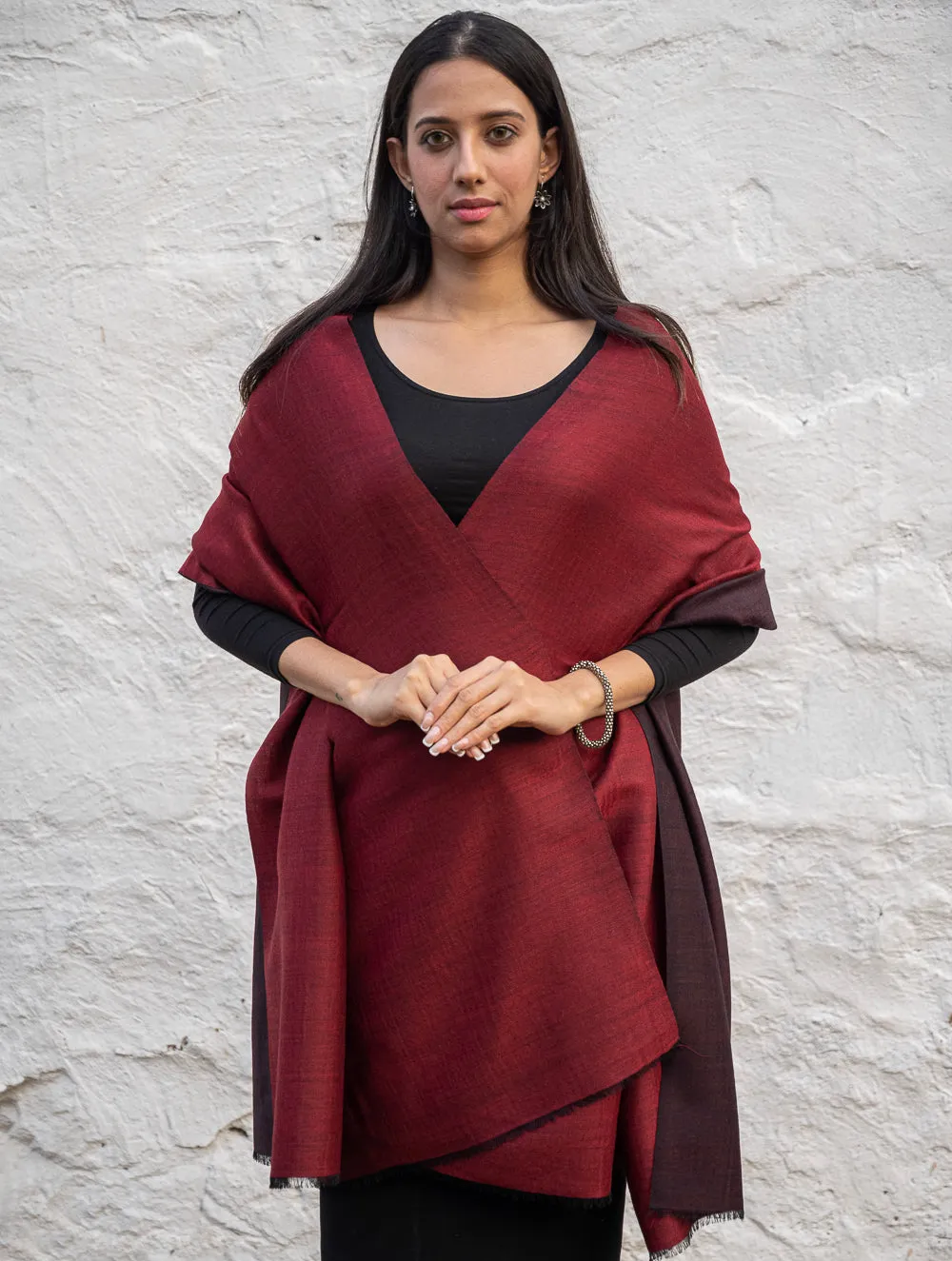 Exclusive Reversible Soft Kashmiri Wool Shawl - Wine Red & Dark Brown