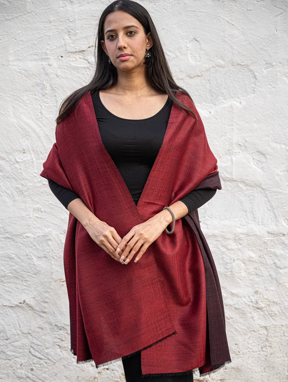 Exclusive Reversible Soft Kashmiri Wool Shawl - Wine Red & Dark Brown