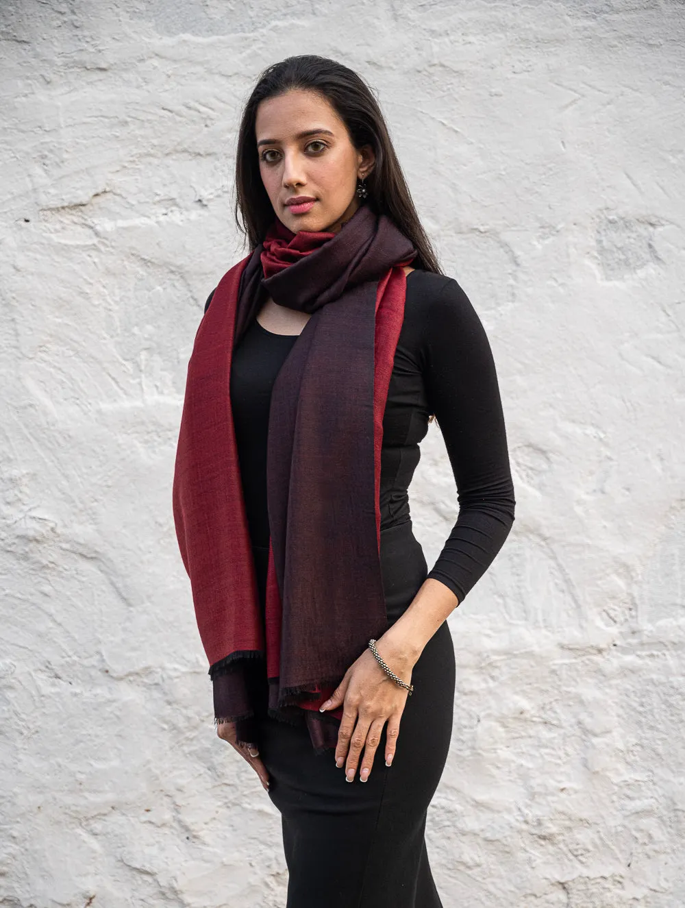 Exclusive Reversible Soft Kashmiri Wool Shawl - Wine Red & Dark Brown