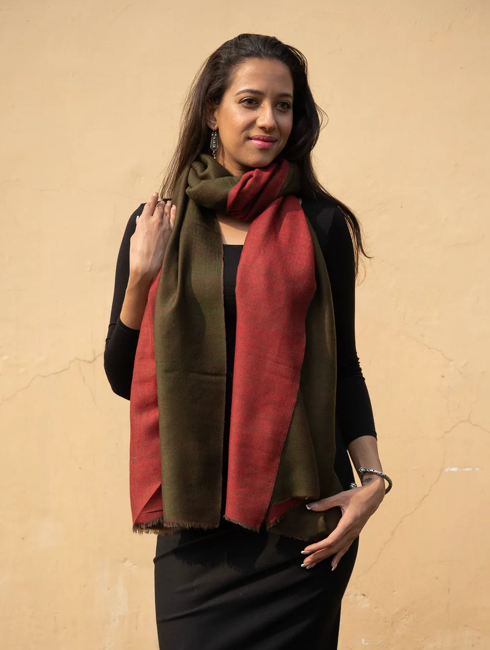 Exclusive Reversible Soft Kashmiri Wool Stole - Deep Red & Olive