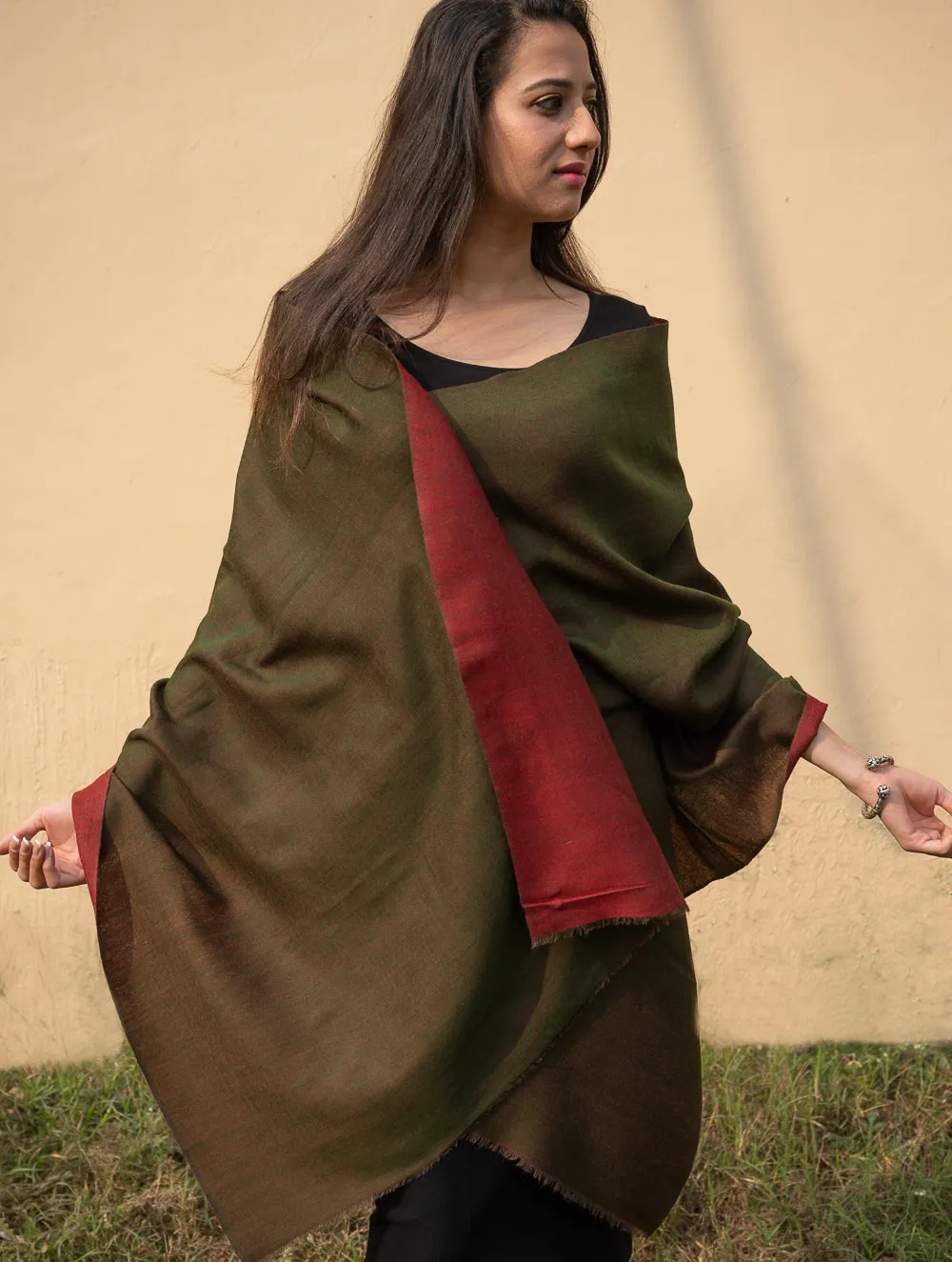 Exclusive Reversible Soft Kashmiri Wool Stole - Deep Red & Olive