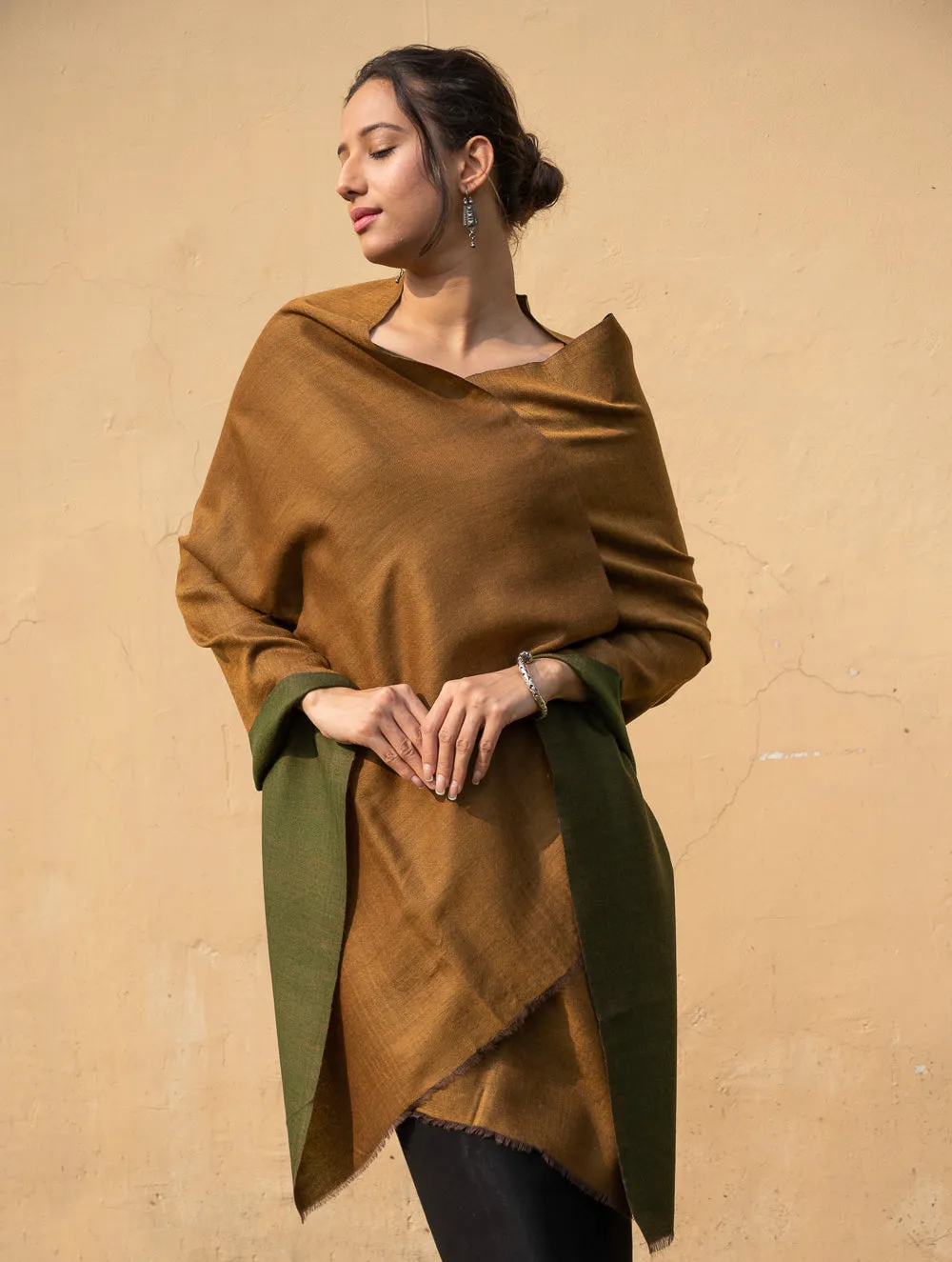 Exclusive Reversible Soft Kashmiri Wool Stole - Pale Brown & Green