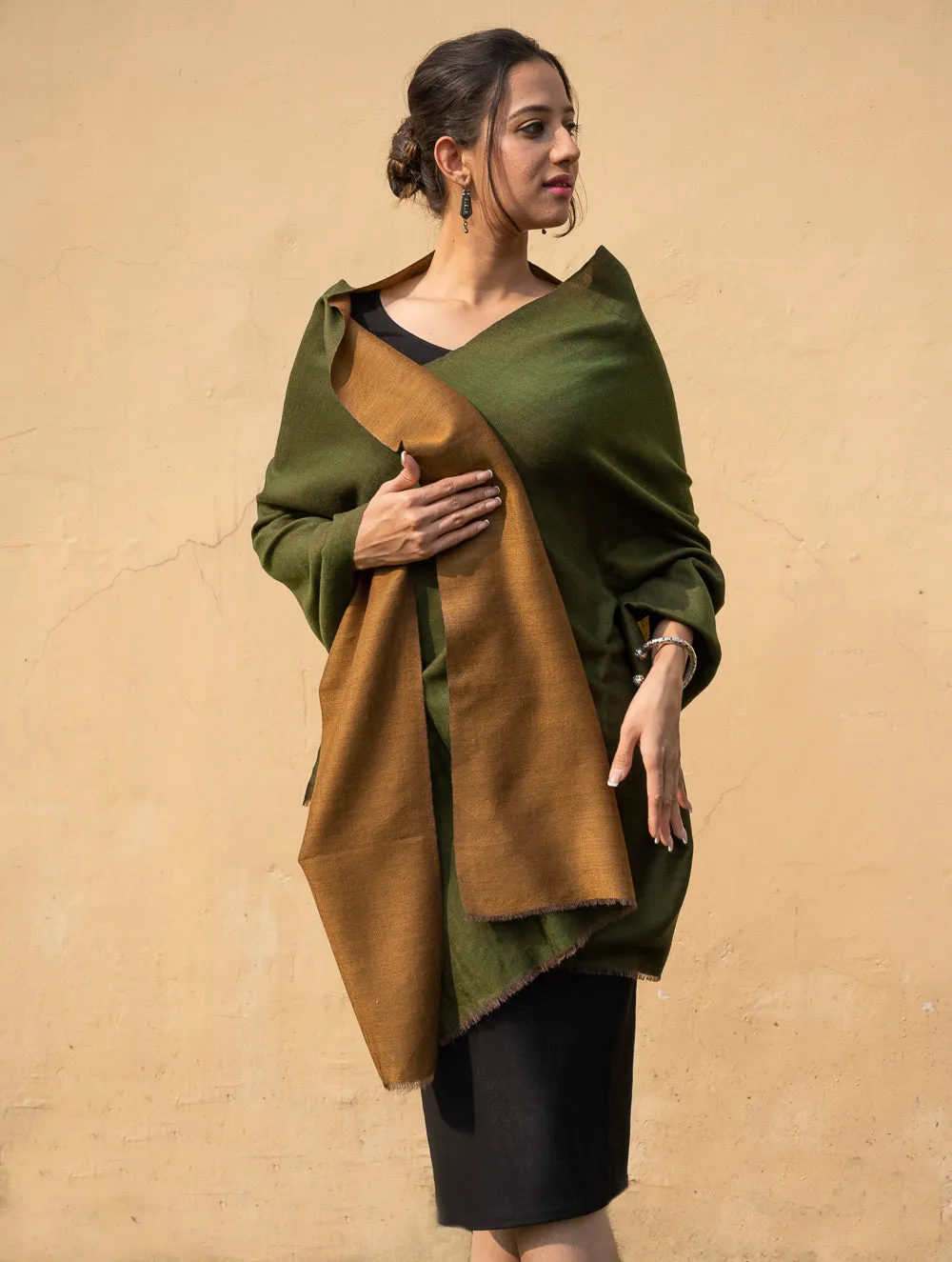 Exclusive Reversible Soft Kashmiri Wool Stole - Pale Brown & Green