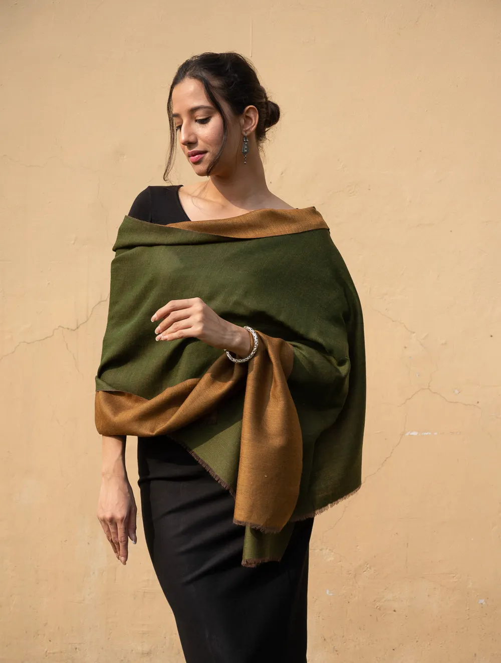 Exclusive Reversible Soft Kashmiri Wool Stole - Pale Brown & Green