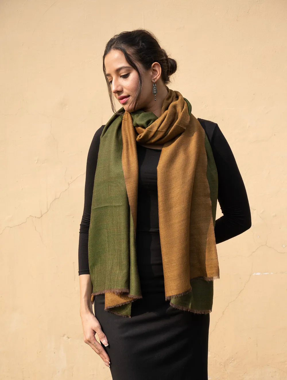 Exclusive Reversible Soft Kashmiri Wool Stole - Pale Brown & Green