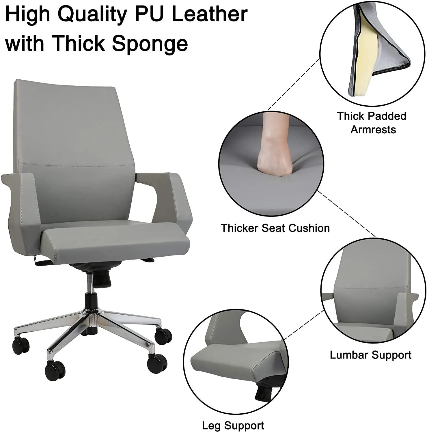 Executive Office Chair Ergonomic Leather Home Office Chair Comfortable Adjustable Lock Position Desk Chair Grey