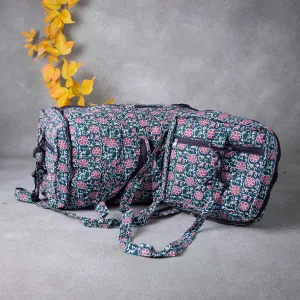 Expandable Travel Bag Green Colour with White and Red Flower Printed Design