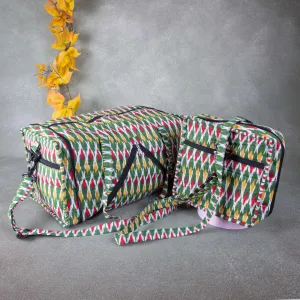 Expandable Travel Bag Green with Red Ikat Design