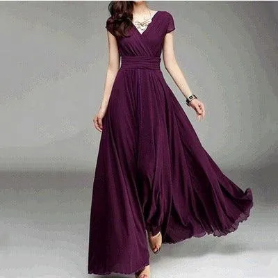 Explosion V-neck short-sleeved bohemian chiffon waist dress