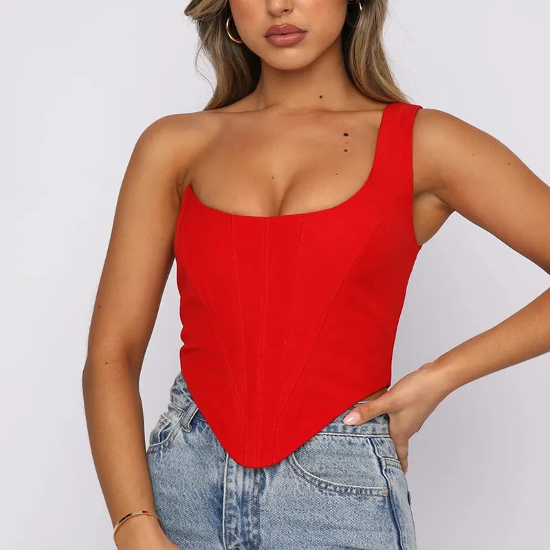 ExplosiveSlanted Shoulder Satin Fishbone Off-the-shoulder Corset Top