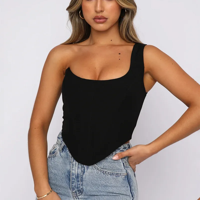 ExplosiveSlanted Shoulder Satin Fishbone Off-the-shoulder Corset Top