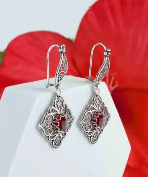 Exquisite 925 Sterling Silver Ruby Gemstone Filigree Dangle Earrings - A Handcrafted Masterpiece