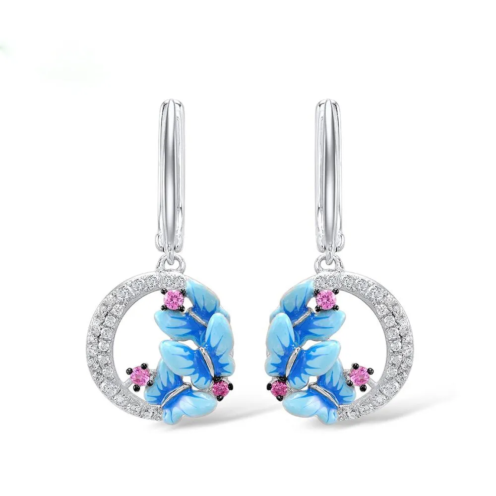 Exquisite Blue Butterfly Enamel Drop Earrings for Women with Zircon in 925 Sterling Silver