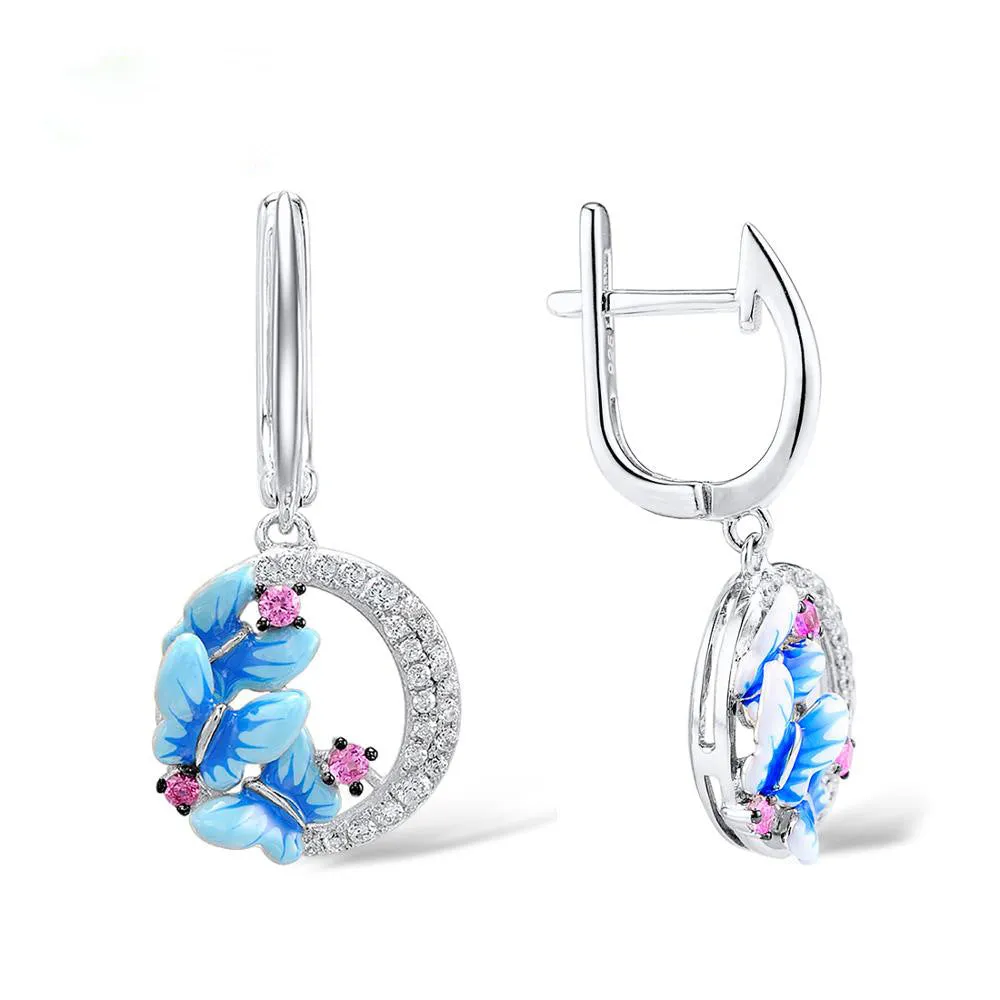 Exquisite Blue Butterfly Enamel Drop Earrings for Women with Zircon in 925 Sterling Silver