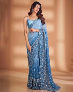 Exquisite Blue Embroidered Saree: Luxury Georgette with Heavy Sequins & Lace