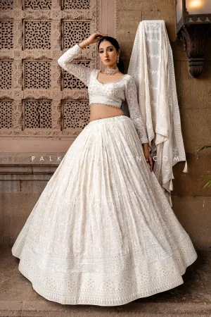 Exquisite Chikankari Cream Designer Lehenga Choli