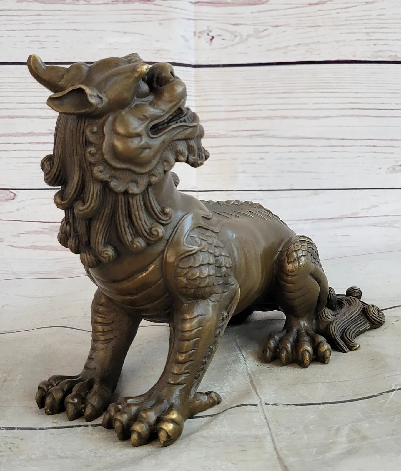 Exquisite Chinese Bronze Auspicious Lion Foo Dog Statue Signed Art